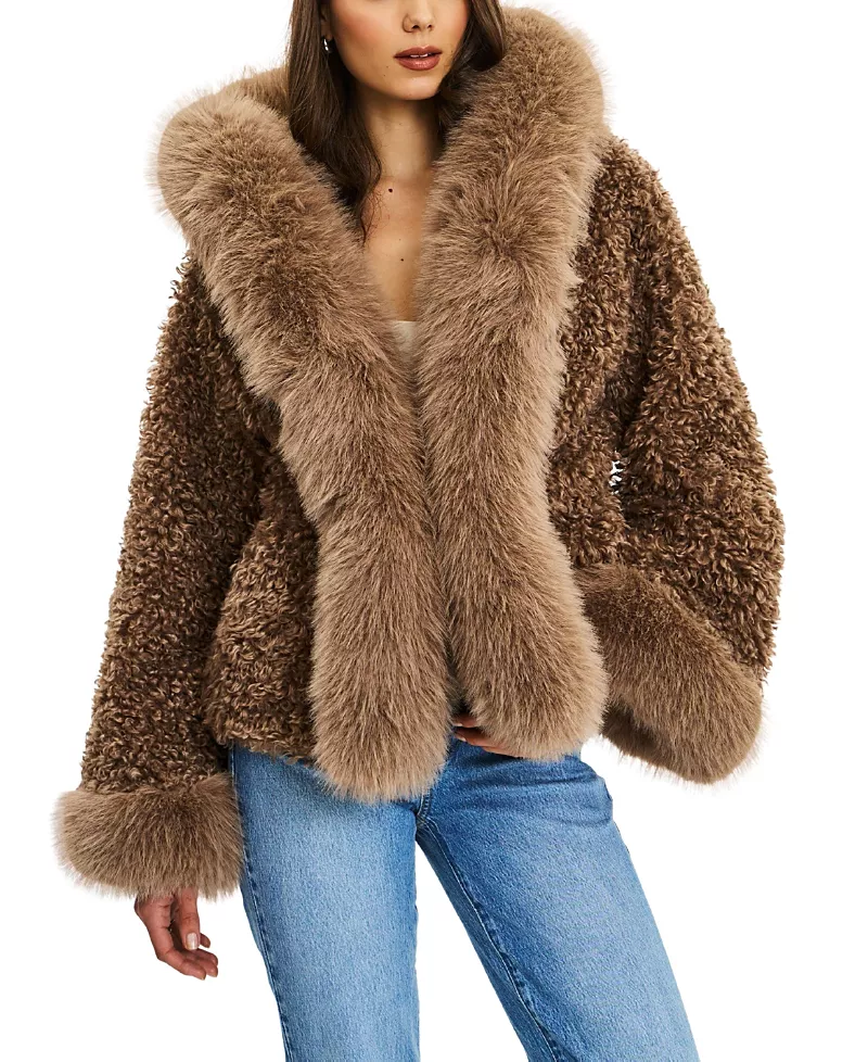 Miss Circle Kali Jumbo Faux Fur Trimmed Teddy Coat with Hood