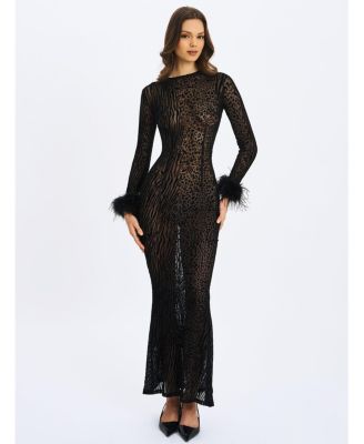  Patricia Feather Sleeve Trim Velvet Mesh Maxi Dress