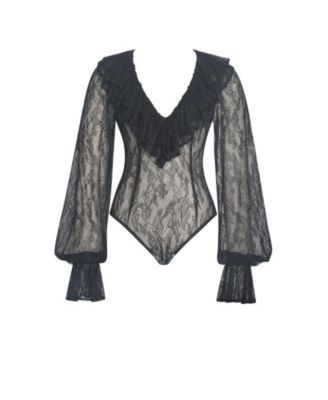  Taliah Sheer Lace Ruffled Collar Bodysuit