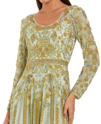 Beaded Mesh Long Sleeve Scoop Neck A Line Gown