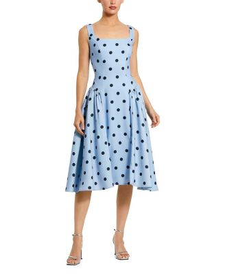 Polka Dot A-Line Midi Dress with Square Neck and Ruffle Gussets
