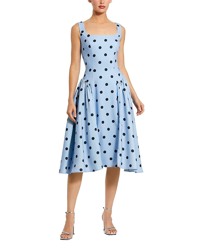 Mac Duggal Polka Dot A-Line Midi Dress with Square Neck and Ruffle Gussets