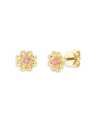 14K Yellow Gold Pink Sapphire Flower Stud Earrings
