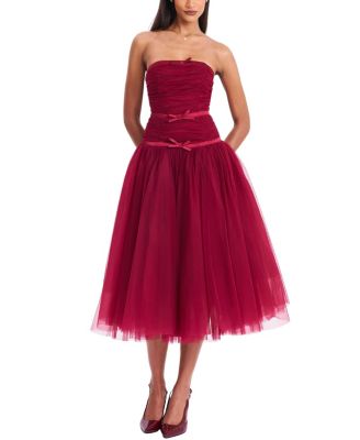  Mabel Drop Waist Layered Mesh Midi Puffy Dress with Bow