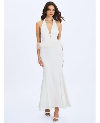  Solene Pleated Halter Backless Feather-Trim Maxi Dress