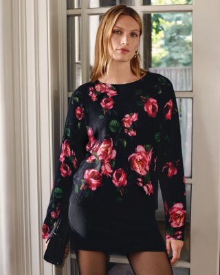 100% Cashmere Peony Printed Crewneck Sweater - Exclusive