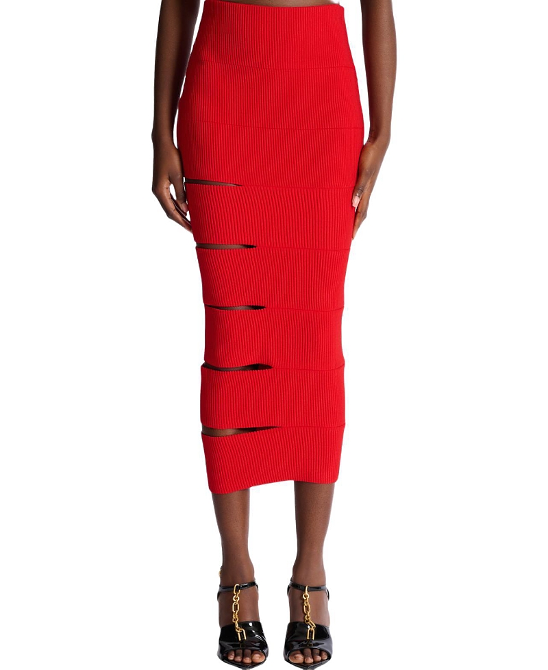 Balmain Long Knit Skirt with Cut-Outs