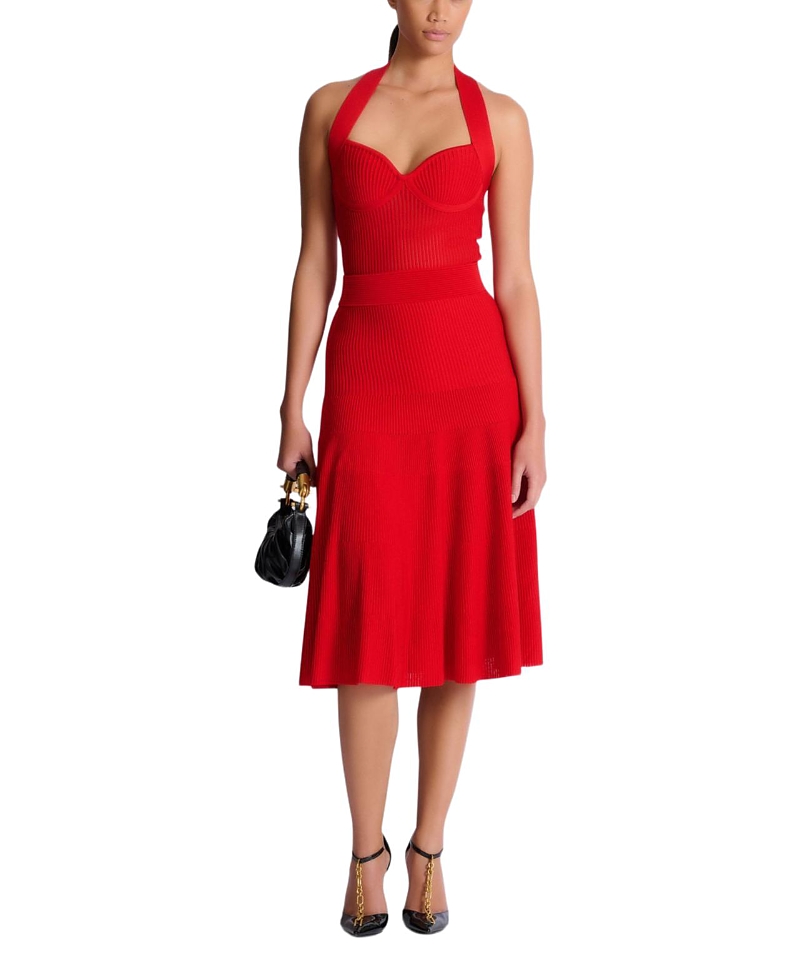 Balmain Halterneck Pleated Knit Midi Dress
