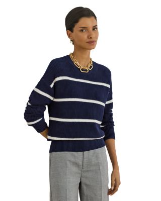Striped Rib Knit Cotton Crewneck Sweater