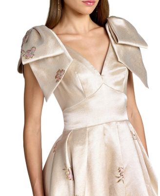 V Neck Brocade Gown with Bow Straps