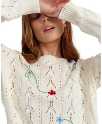  Women s Cotton Hand-Embroidered Floral Sweater