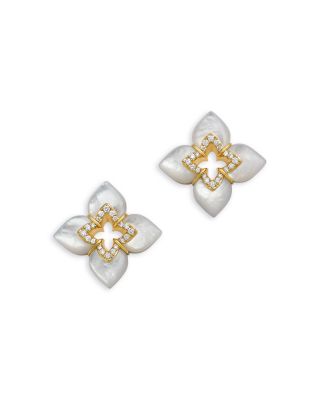18K Yellow Gold Venetian Princess Mother of Pearl & Diamond Flower Stud Earrings