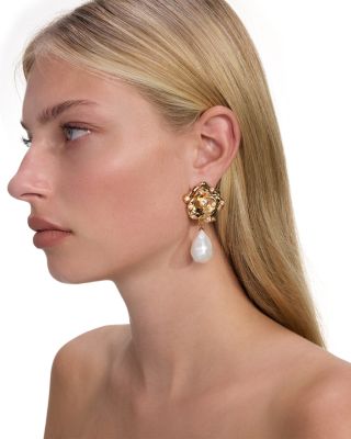 Crystal Studded Rose & Imitation Pearl Drop Earrings