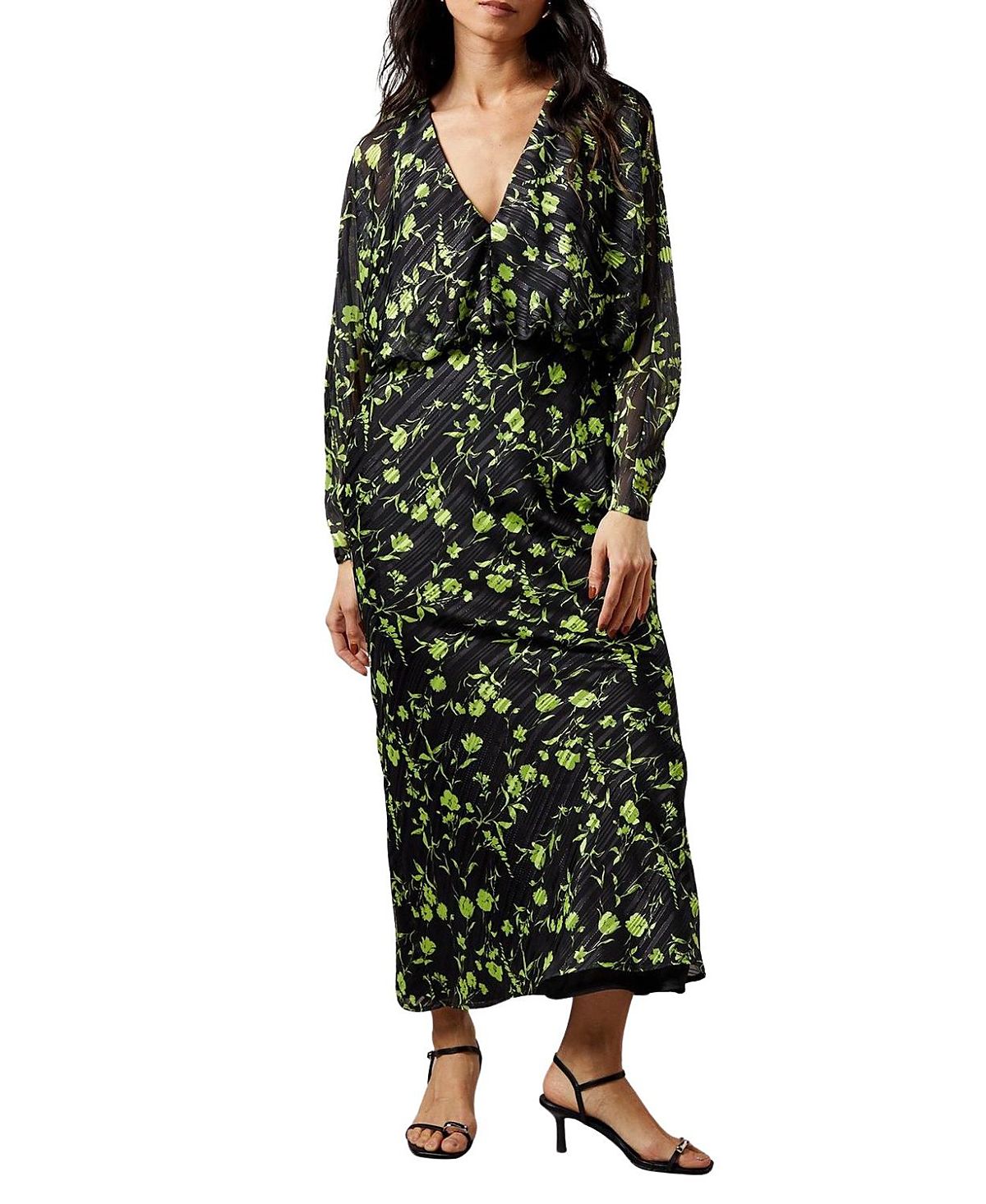 Warehouse Shadow Stripe Floral Batwing Midi Dress
