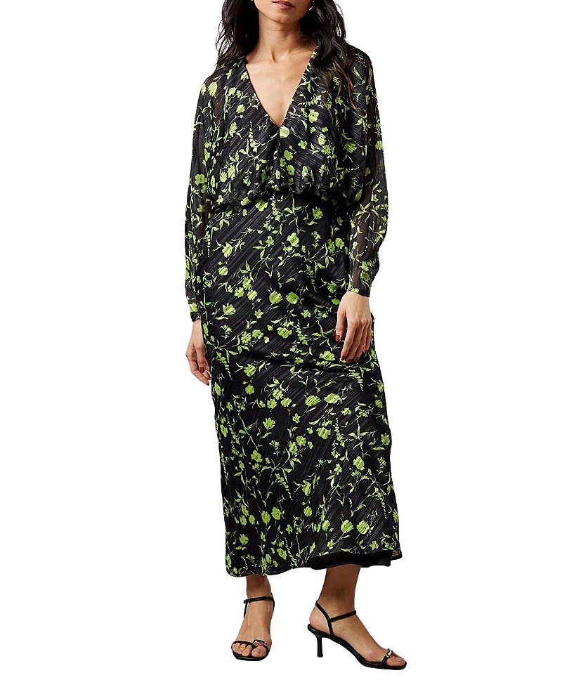 Warehouse Shadow Stripe Floral Batwing Midi Dress