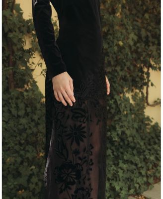 Long Sleeve Sheer Floral Embroidered Velvet Gown