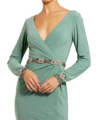  Jersey Long Sleeve V Neck Gown with Beaded Belt