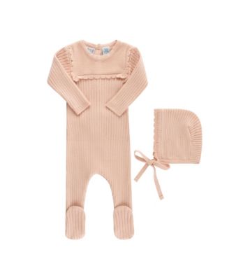 Unisex Scallop Trimmed Rib Knit Romper & Bonnet - Baby