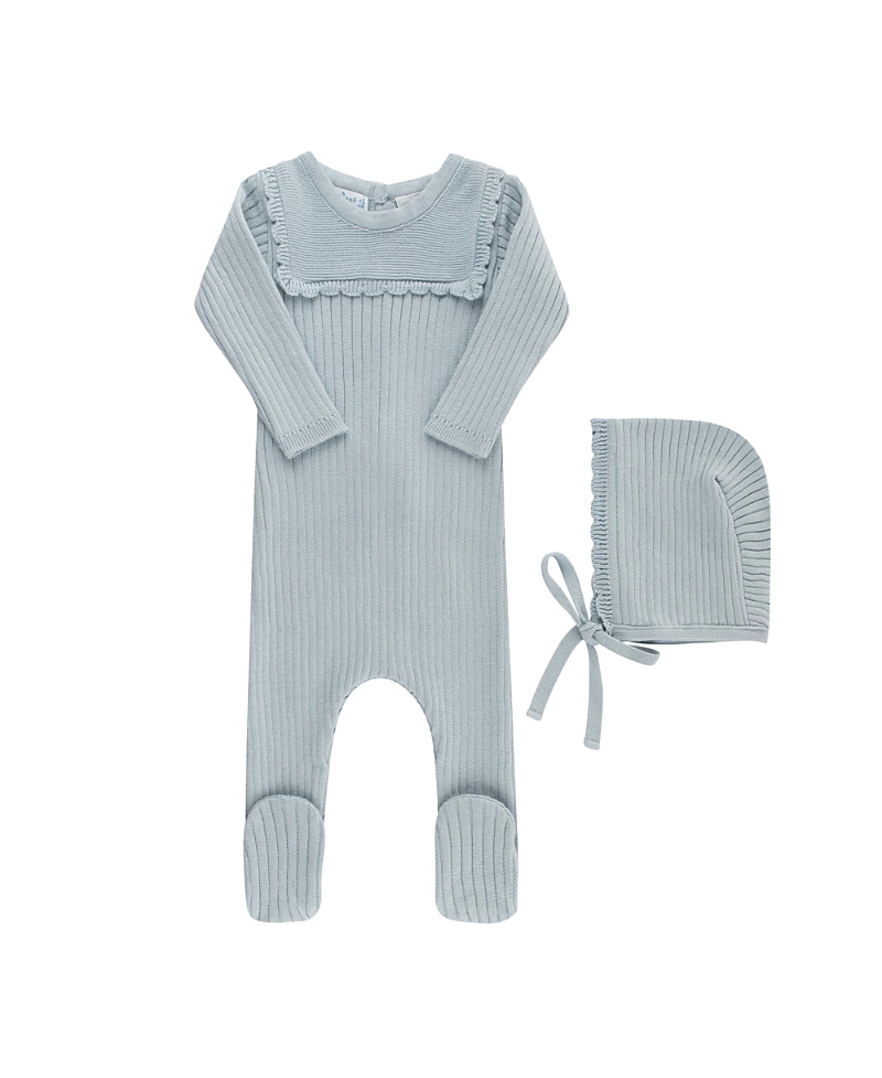 Feltman Brothers Unisex Scallop Trimmed Rib Knit Romper & Bonnet - Baby
