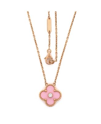  Vintage Alhambra Pendant Necklace 18K Rose Gold and Pink Sevres Porcelain with Diamond, 16.5 - 18.25"