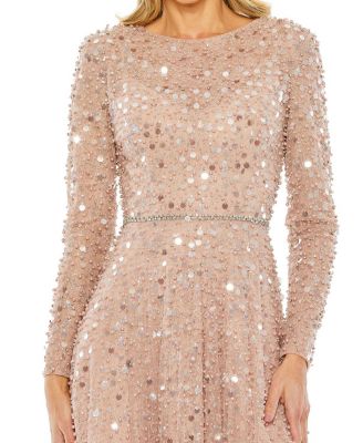  Petite Sequin Feather Trim Evening Gown