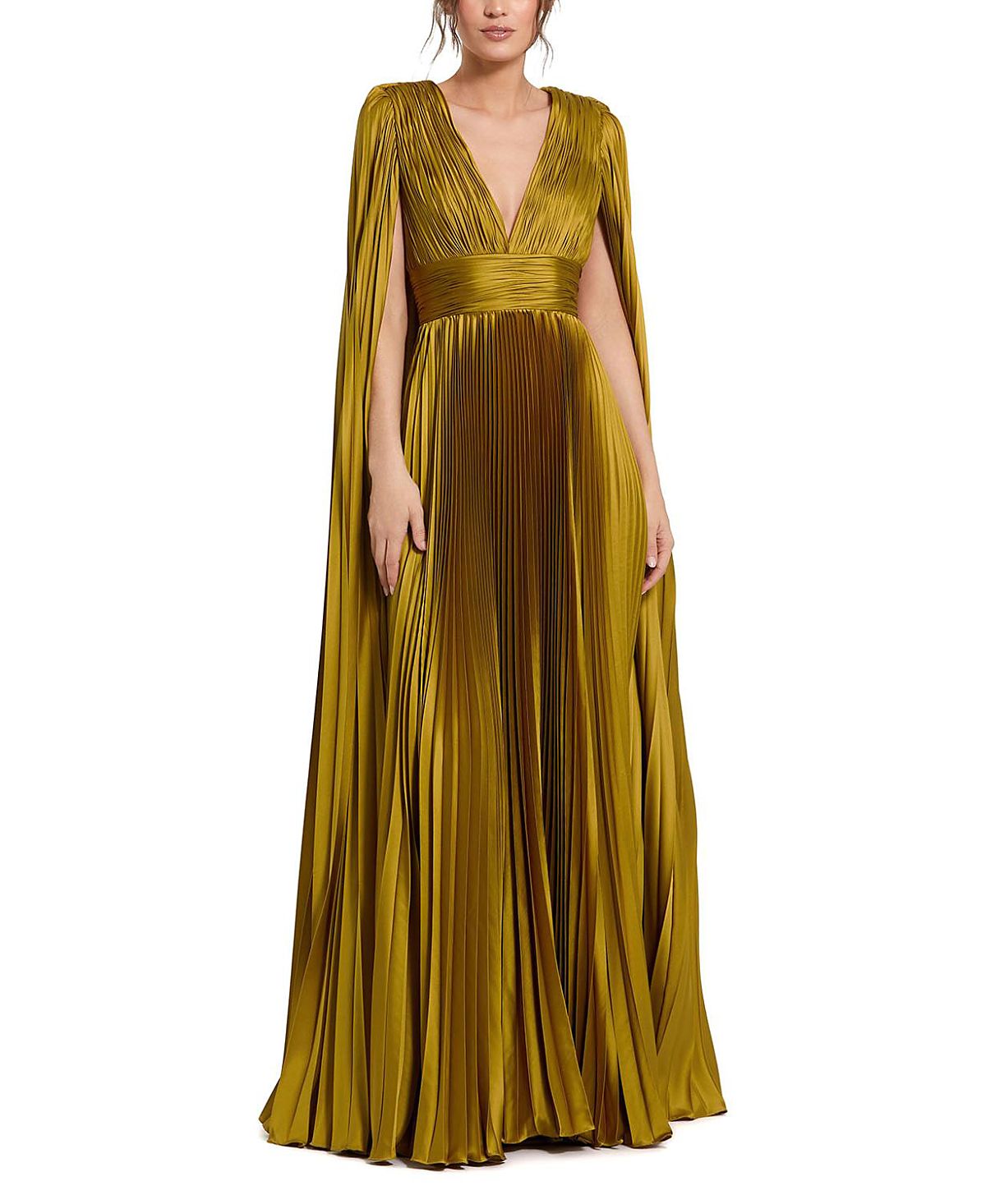 Mac Duggal Petite Pleated Charmeuse V Neck Gown with Cape