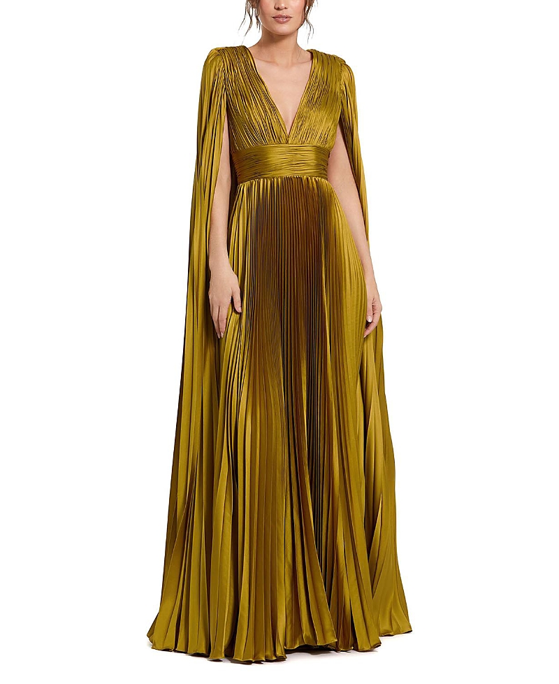 Mac Duggal Petite Pleated Charmeuse V Neck Gown with Cape