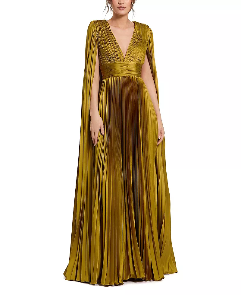 Mac Duggal Petite Pleated Charmeuse V Neck Gown with Cape