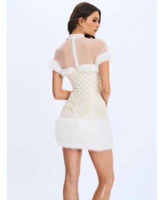  Taylor Faux Fur Trimmed Beaded Boucle Mini Dress