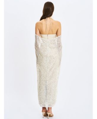  Quimera Beaded Cape Halter Off-Shoulder Maxi Gown