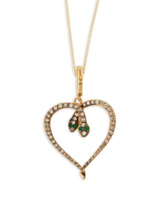 18K Yellow Gold Fine Snake Champagne Diamond & Emerald Two Snake Heart Pendant