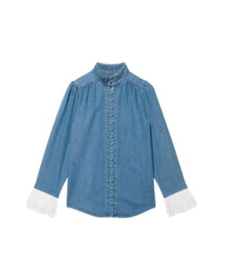  Women's Denim Contrast Cuff Blouse