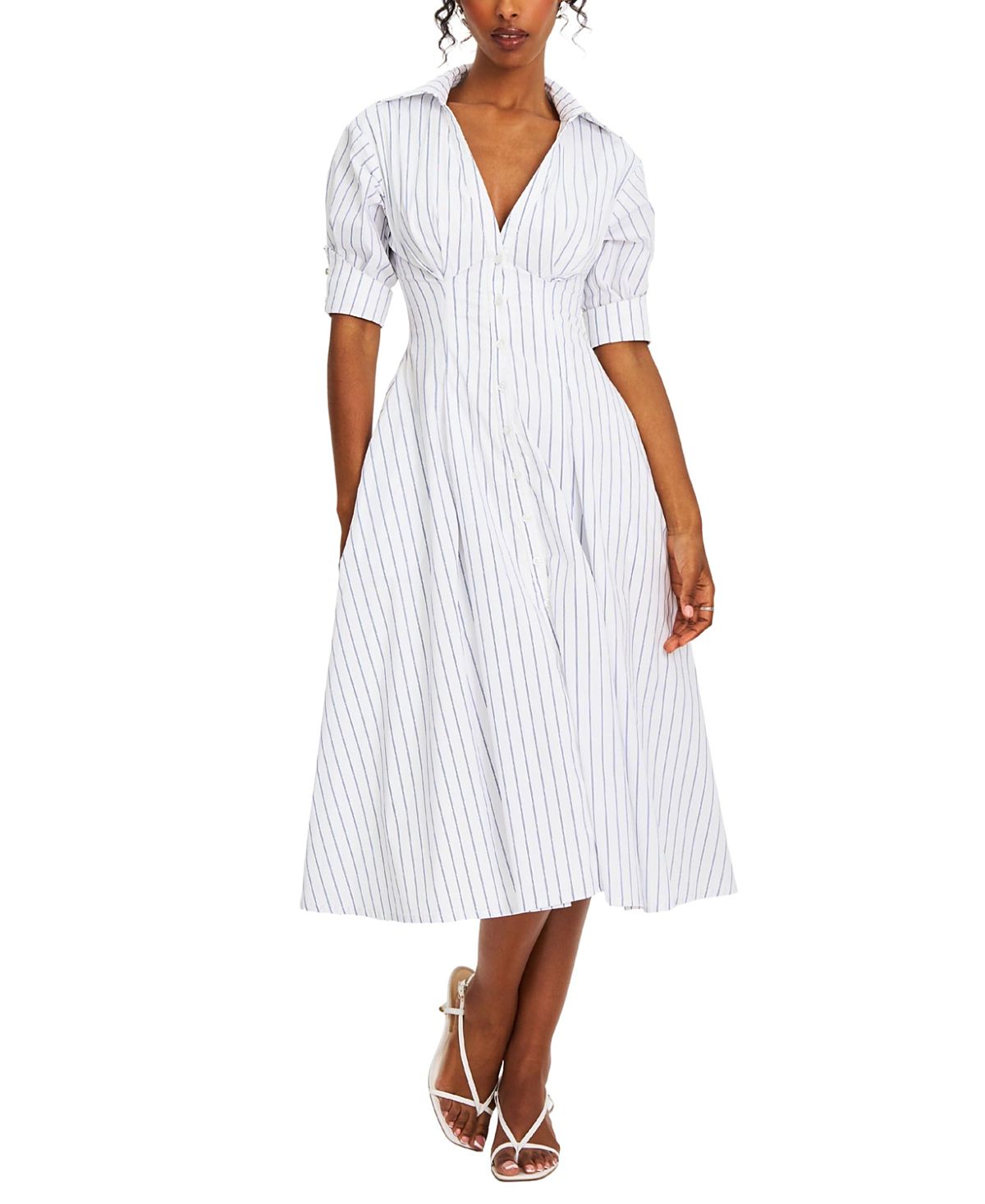 Miss Circle Palina Pinstripes Cotton Poplin Pleated Midi Preppy Shirt Dress