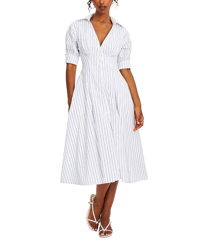 Miss Circle Palina Pinstripes Cotton Poplin Pleated Midi Preppy Shirt Dress