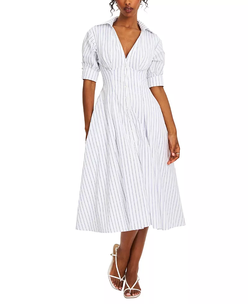 Miss Circle Palina Pinstripes Cotton Poplin Pleated Midi Preppy Shirt Dress