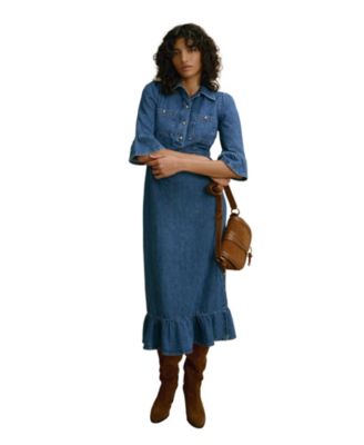  Women's Ruffle Hem Denim Midi Dress