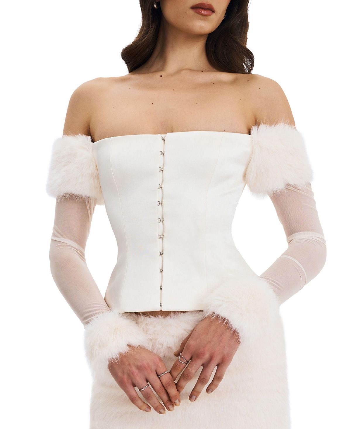 Miss Circle Nola Off Shoulder Faux Fur Trimmed Top