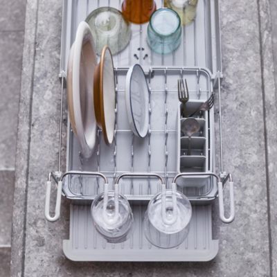 Extend Steel Plus Expandable Dish Rack with Wine Glass Holder - Light Stone