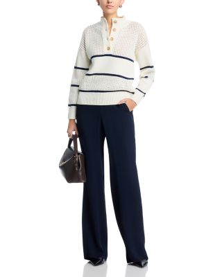 Long Sleeve Half Button Down Mock Neck Stripe Pullover Sweater