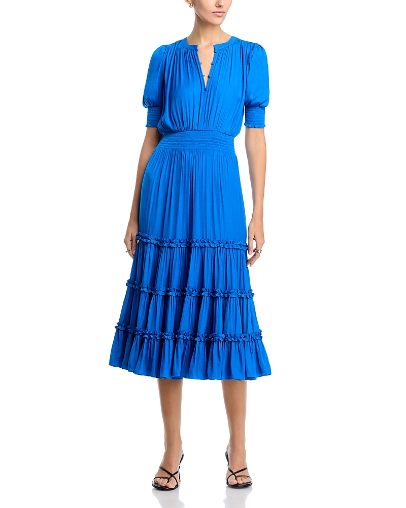 T Tahari Elbow Sleeve Split Neck Tiered Dress