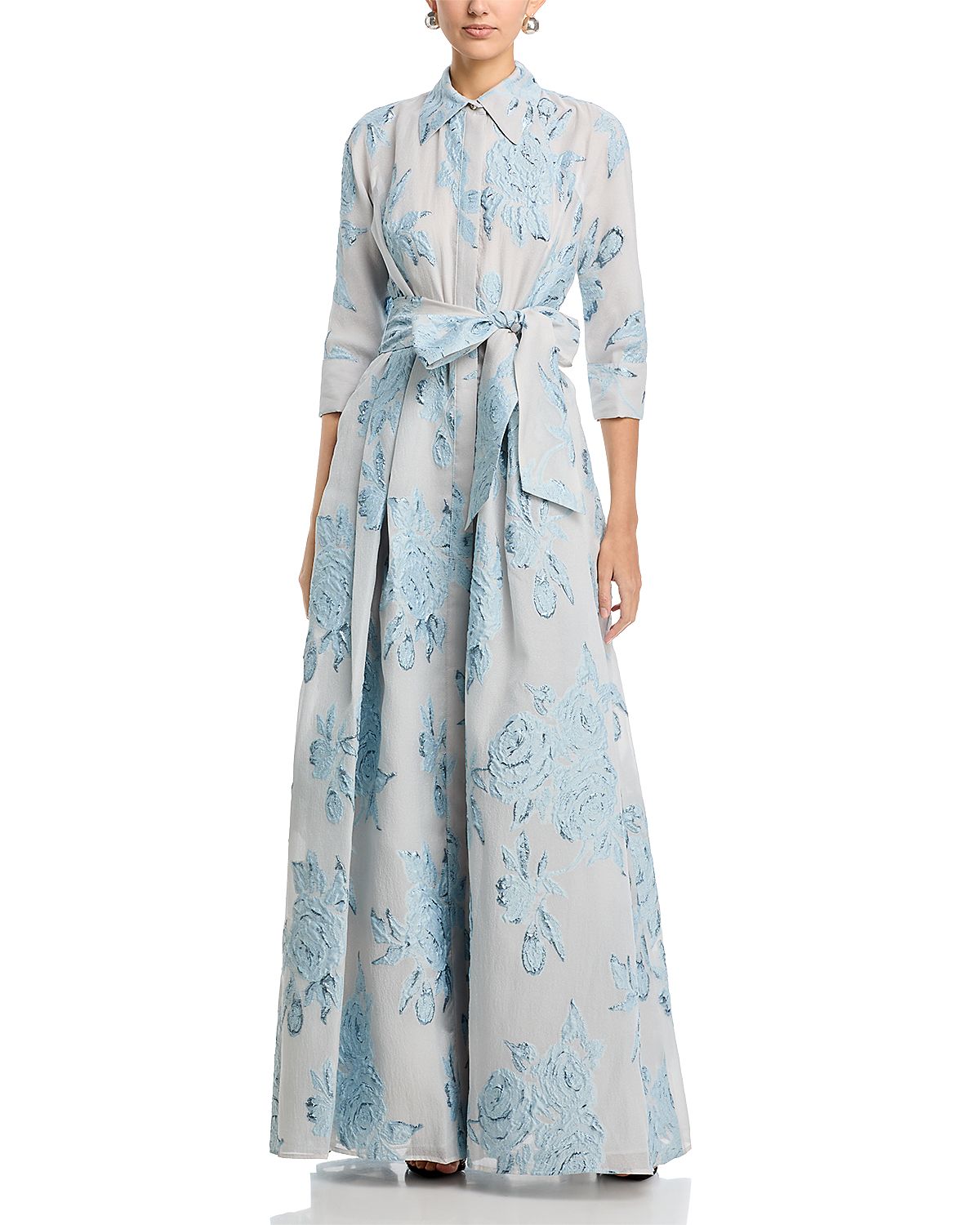 Teri Jon by Rickie Freeman Metallic Jacquard Shirt Dress Gown