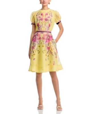 Silken Linen Short Sleeve Placed Floral Print Dress