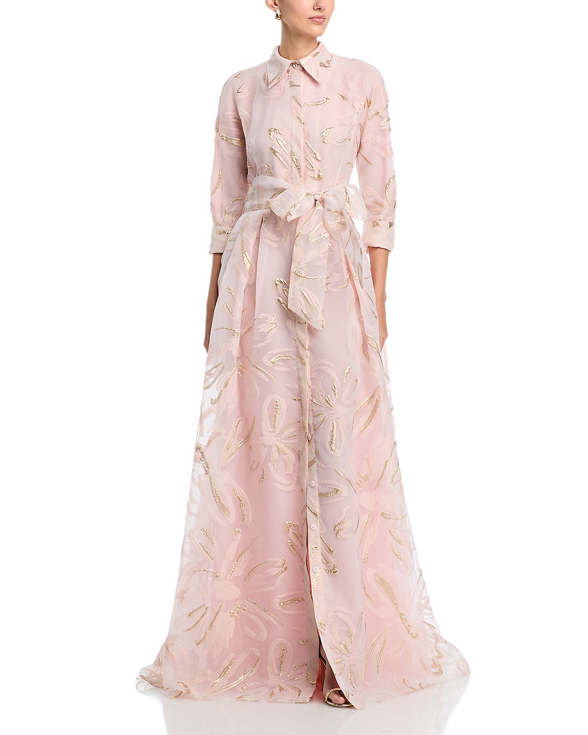 Teri Jon by Rickie Freeman Metallic Organza Shirt Gown