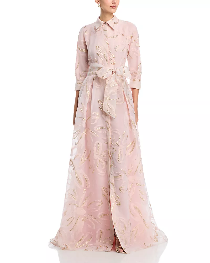 Teri Jon by Rickie Freeman Metallic Organza Shirt Gown