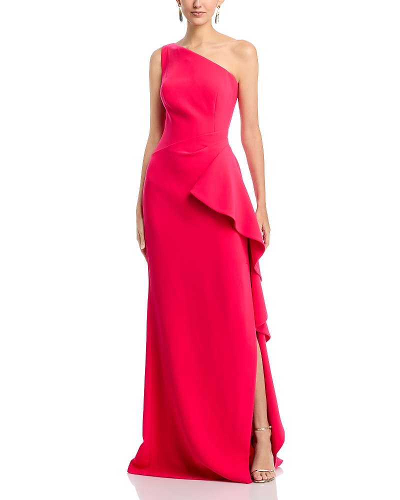 Teri Jon by Rickie Freeman Crepe One Shoulder Side Drape Cascade Ruffle Gown