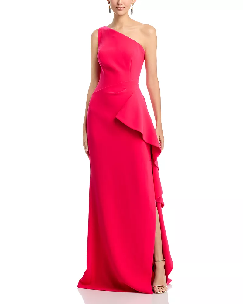 Teri Jon by Rickie Freeman Crepe One Shoulder Side Drape Cascade Ruffle Gown