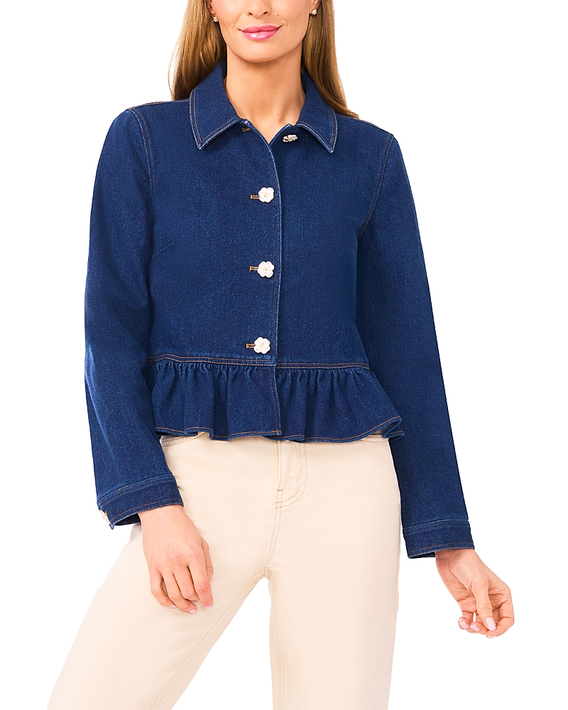 CeCe Long Sleeve Collared Peplum Denim Jacket