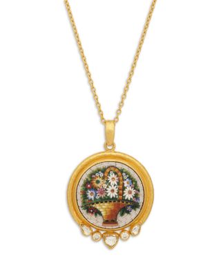 18K, 22K, & 24K Yellow Gold Antiquities Diamond Micro Mosaic Flower Pendant Necklace, 16-18"
