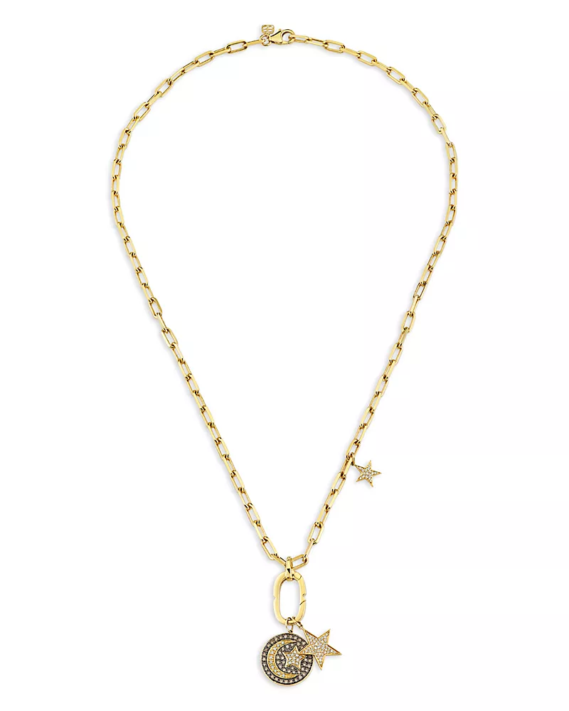 Sydney Evan 14K Yellow Gold Celestial Brown & White Diamond Star & Moon Pendant Necklace, 20
