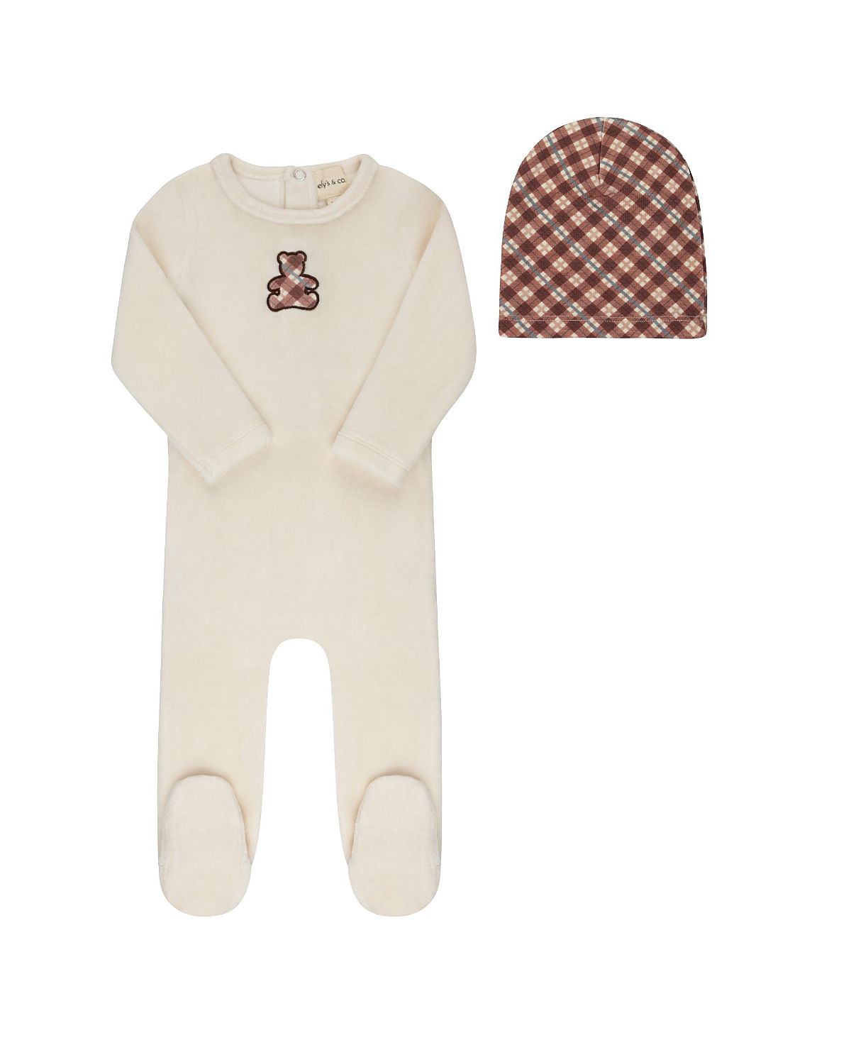 Ely's & Co. Unisex Velour Plaid Bear Collection Footie + Beanie - Baby